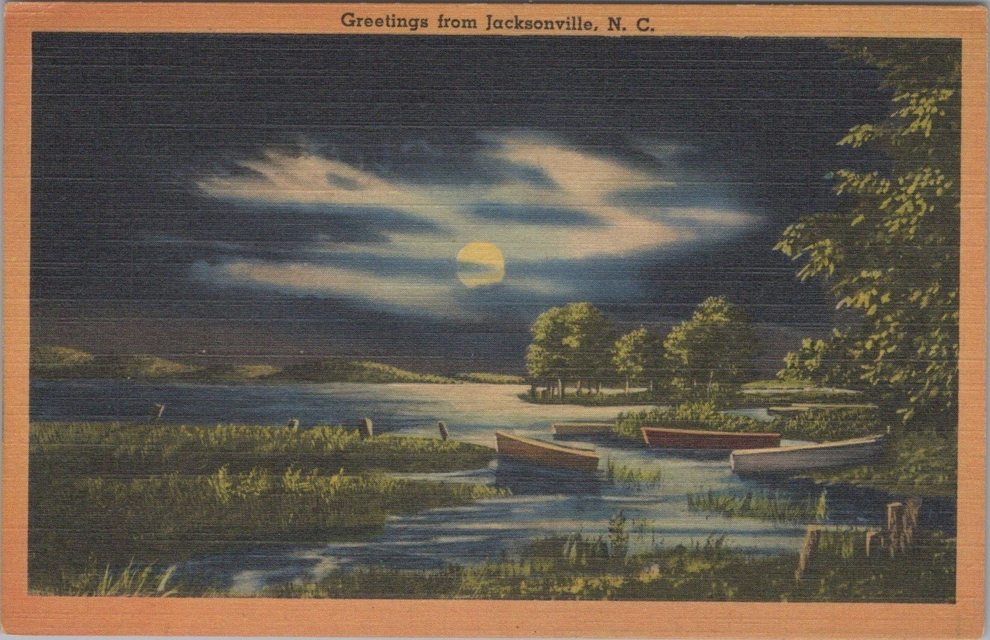 Rare Greetings from Jacksonville NC Rowboat Moon Linen Postcard ZAYIX 102022PC49