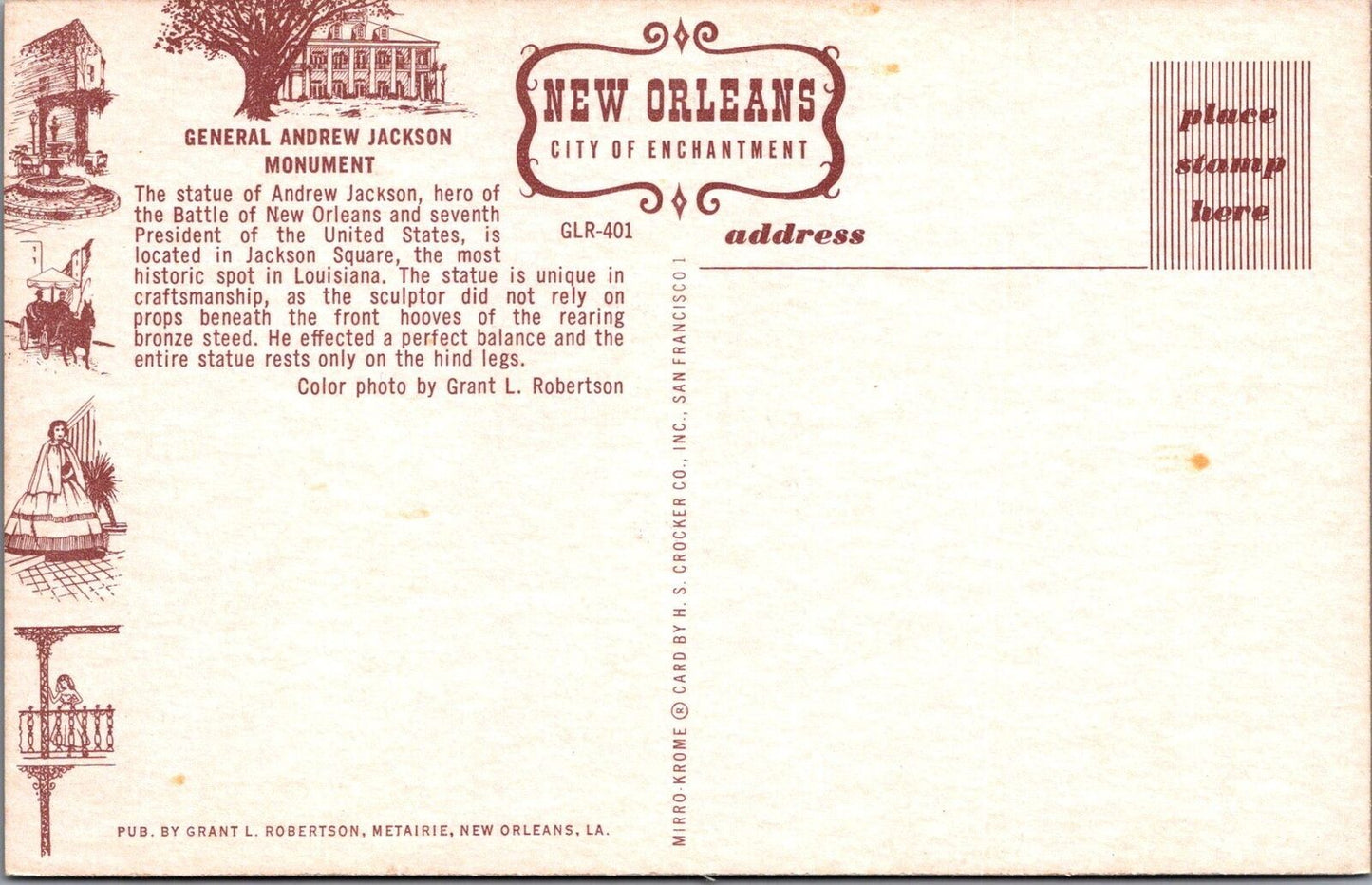 ZAYIX Postcard General Andrew Jackson Monument New Orleans Louisiana 102022-PC66