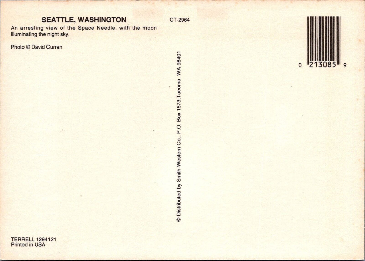 ZAYIX Postcard Seattle Space Needle at Night - David Curran photo 102022-PC64