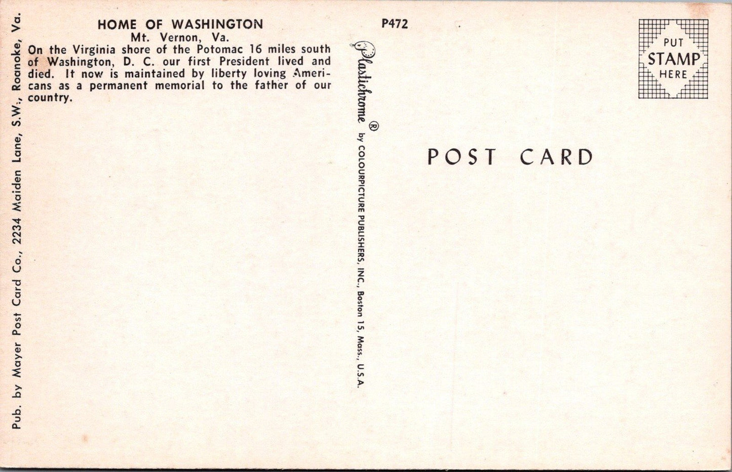 Home of Washington Mount Vernon, Virginia Mayer PC Co Postcard ZAYIX 102022PC61