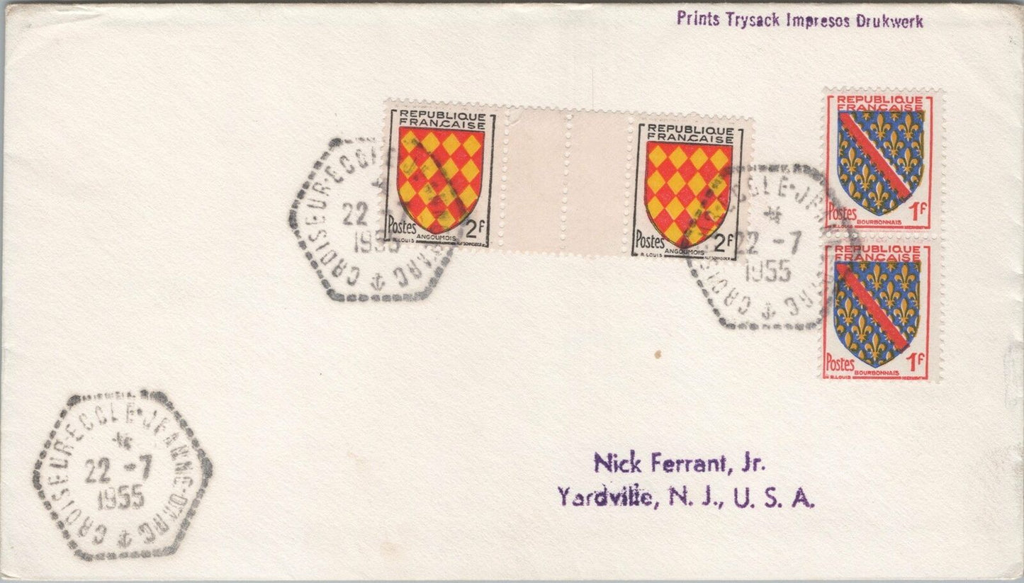 France Cover 1955 Commercial Cover to US Coat of Arms gutter pair