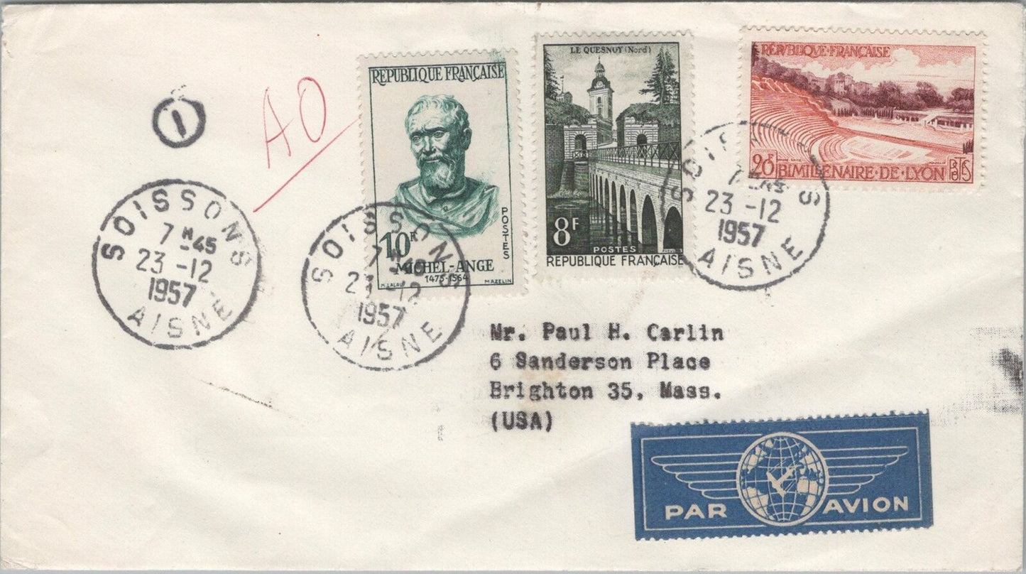 France Cover Soissons Aisne  Mass. USA Airmail Bridge Theatre