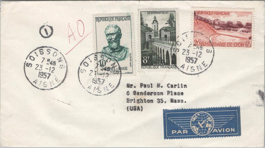 France Cover Soissons Aisne  Mass. USA Airmail Bridge Theatre