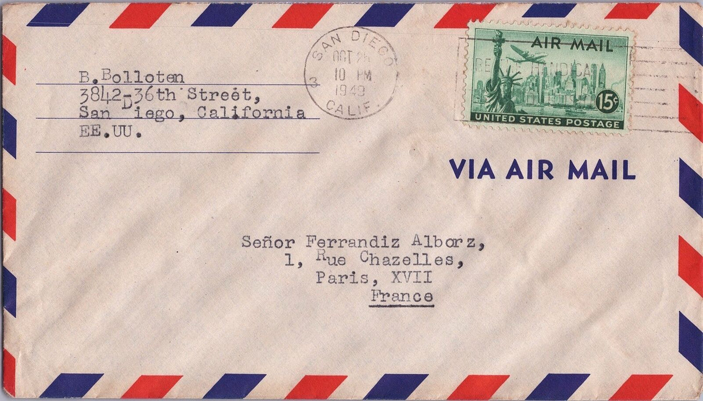 United States Air Mail 15c Plane over Liberty San Diego to France