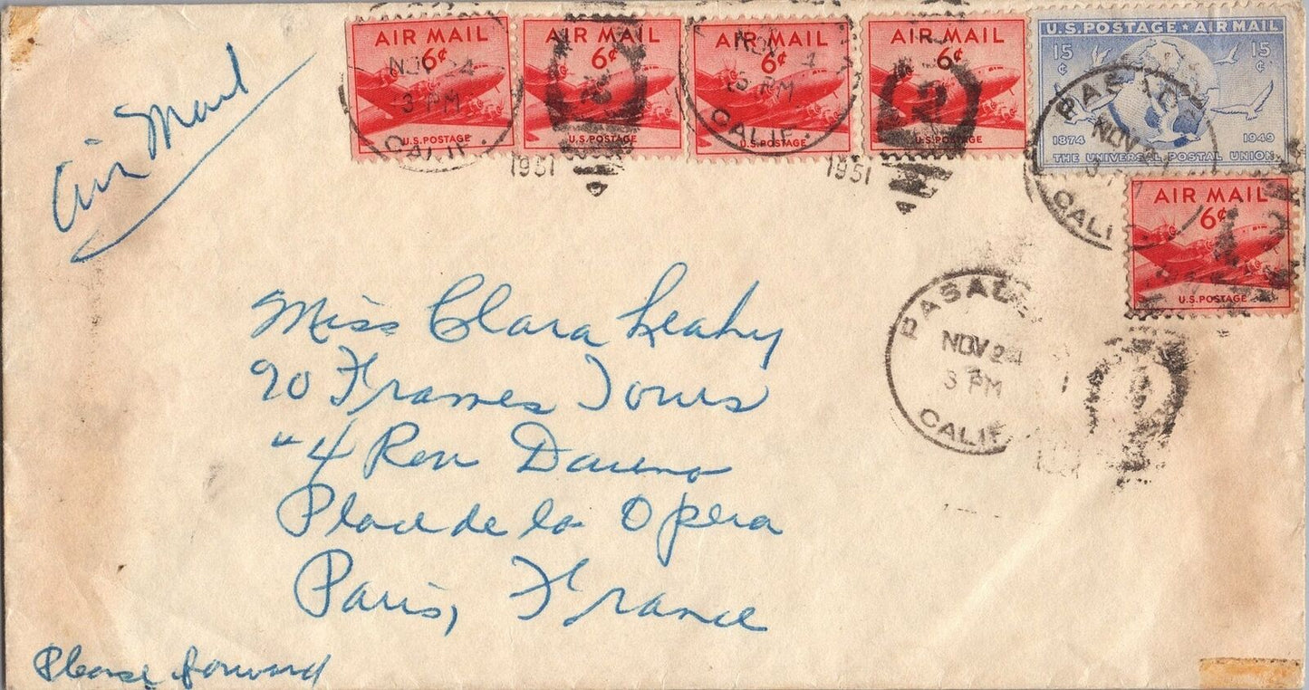 United States Air Mail 1951 45c franking Pasadena, CA Paris, France