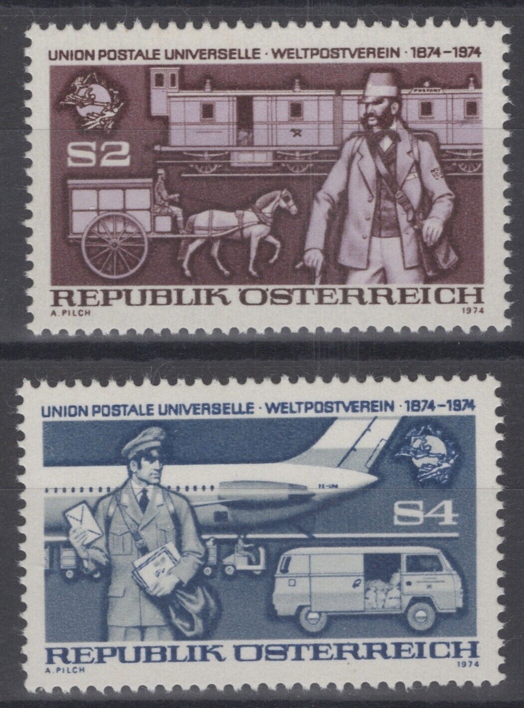 Austria 1004-1005 MNH UPU Mailman Jet Truck Train