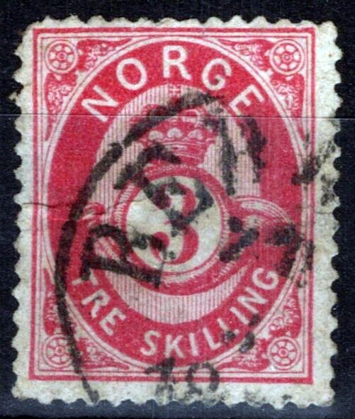 Norway 18 used 3 sk rose Post Horn and Crown 081822S02