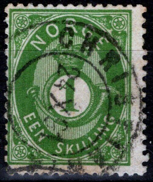 Norway 16 used 1s yellow green shade Post Horn and Crown 081822S03