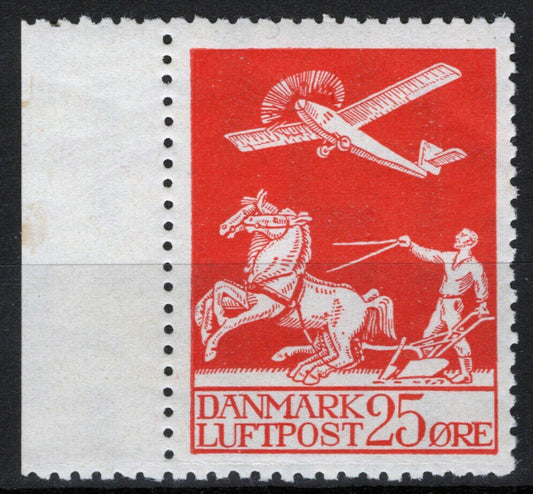 Denmark C3 MNH 25o scarlet Airplane Aviation Horses Plowman 083022S90