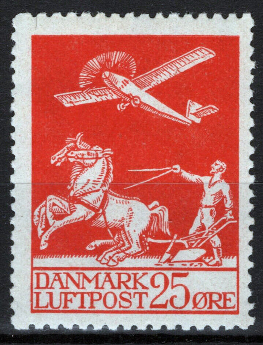 Denmark C3 MNH 25o scarlet Airplane & Plowman Aviation Horses 083022S89