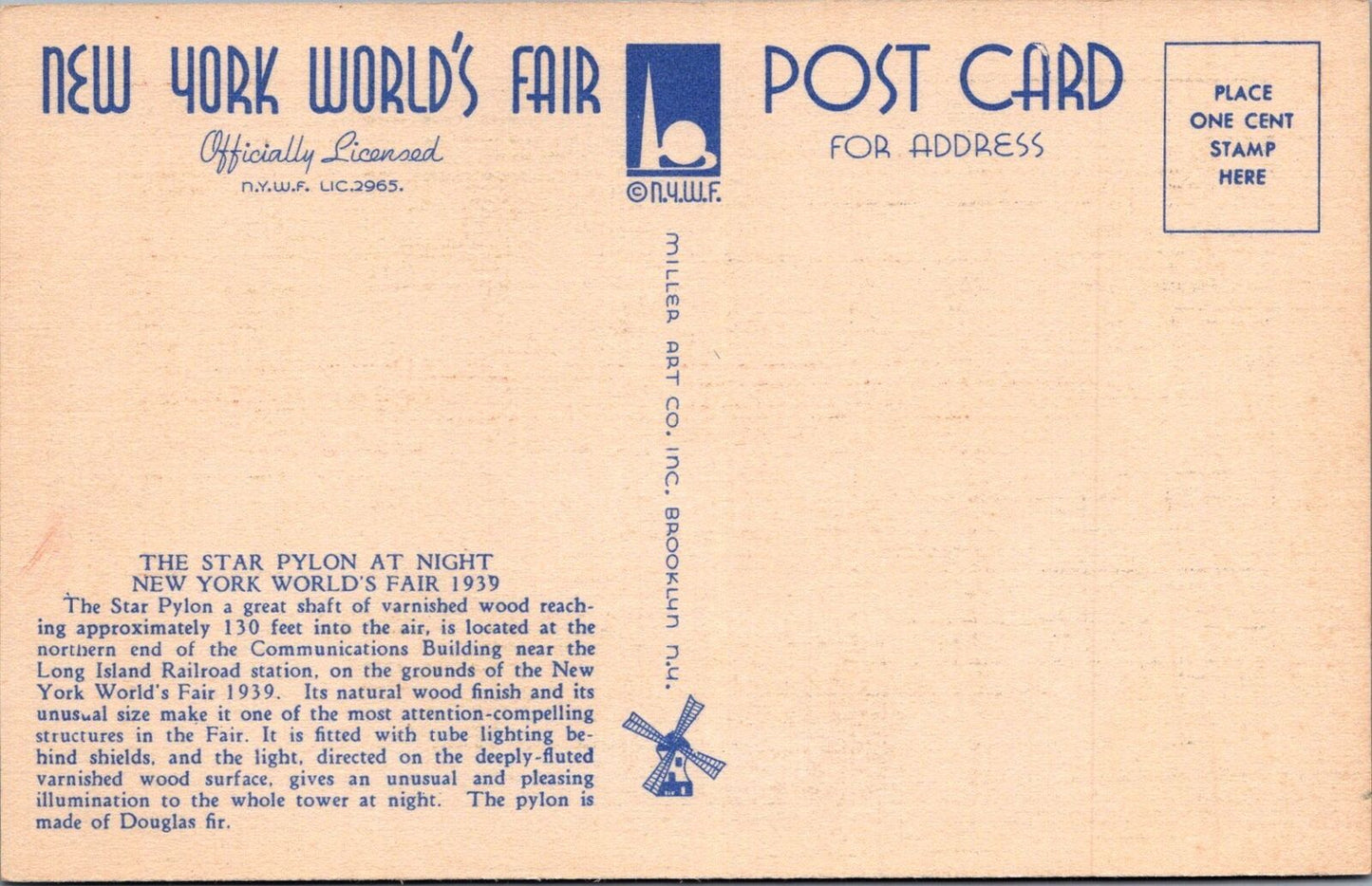 ZAYIX Postcard New York World's Fair 1939 123-Star Pylon DB UP 090222PC28