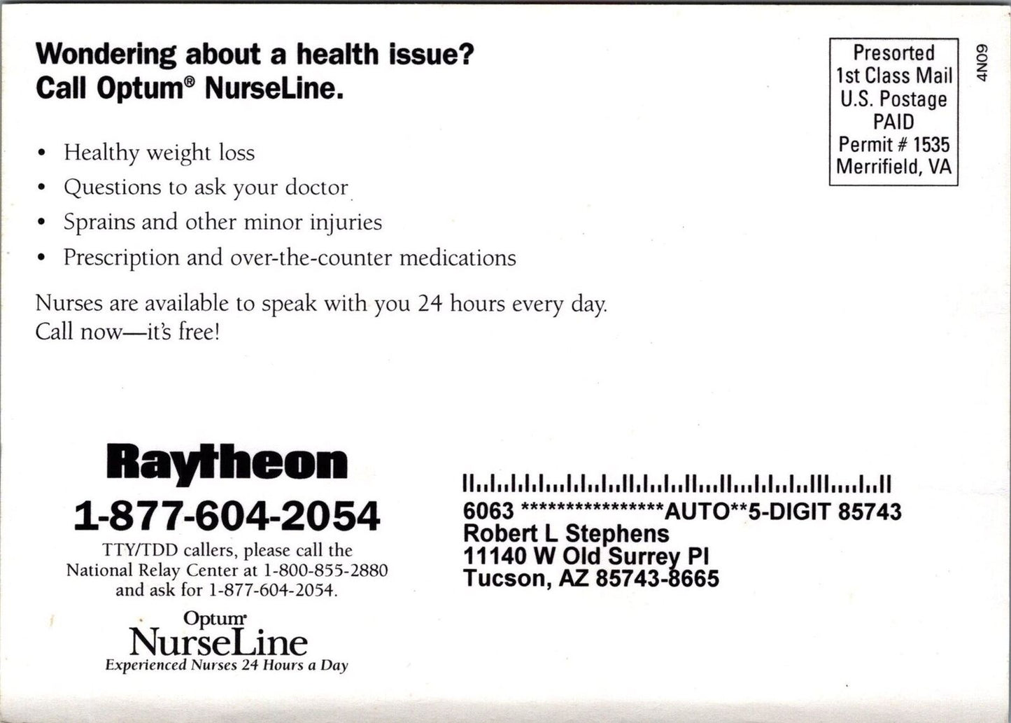 ZAYIX Postcard Optum NurseLine Raytheon Medical Advertising Flag 090222PC51