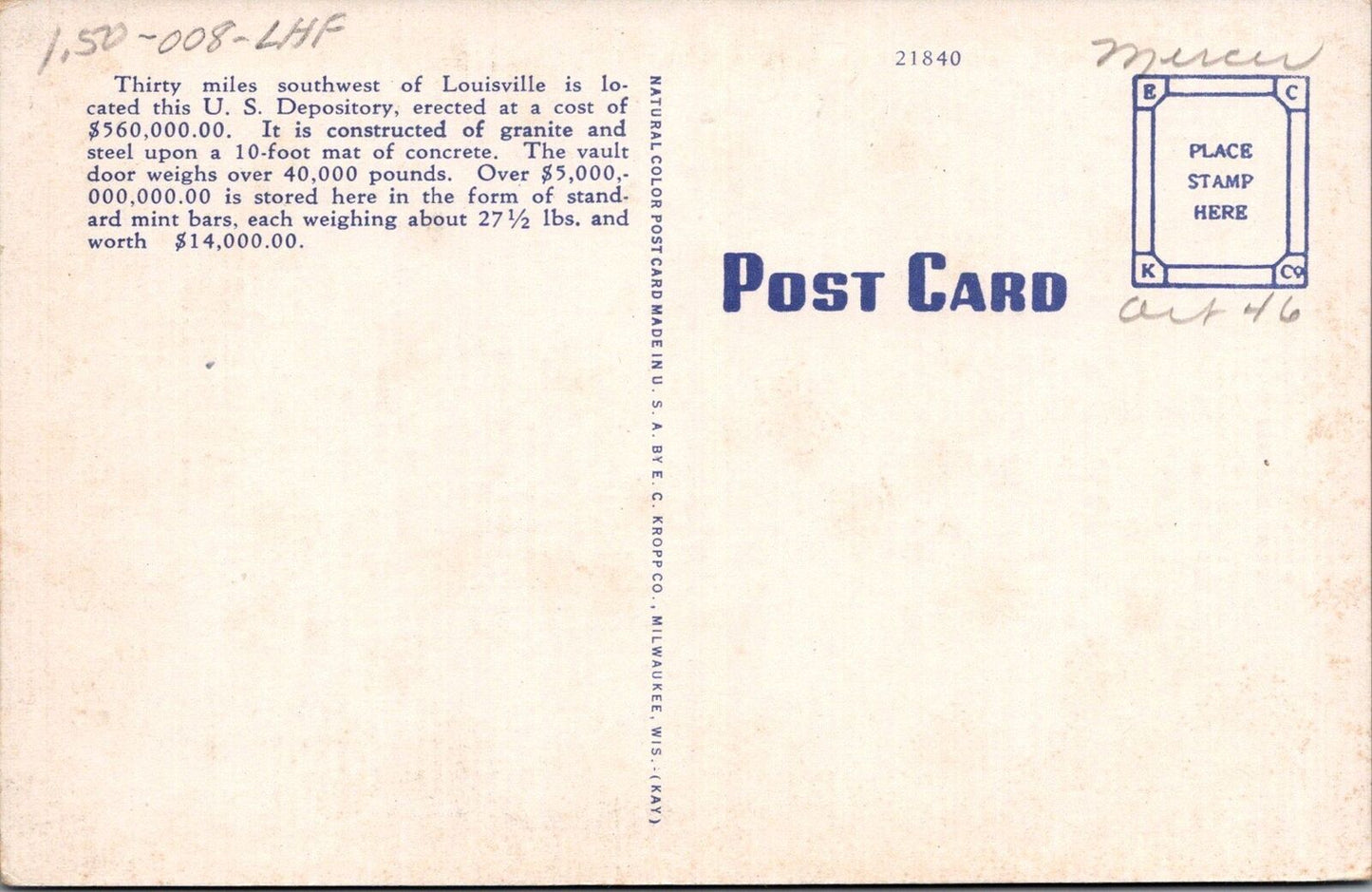 ZAYIX Postcard Fort Knox Kentucky Gold Depository Linen Unposted 090222PC17