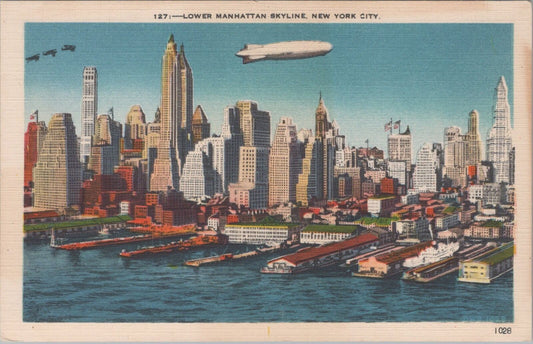 ZAYIX Postcard Lower Manhattan Skyline Blimp Harbor Ships Airplanes 090222PC23