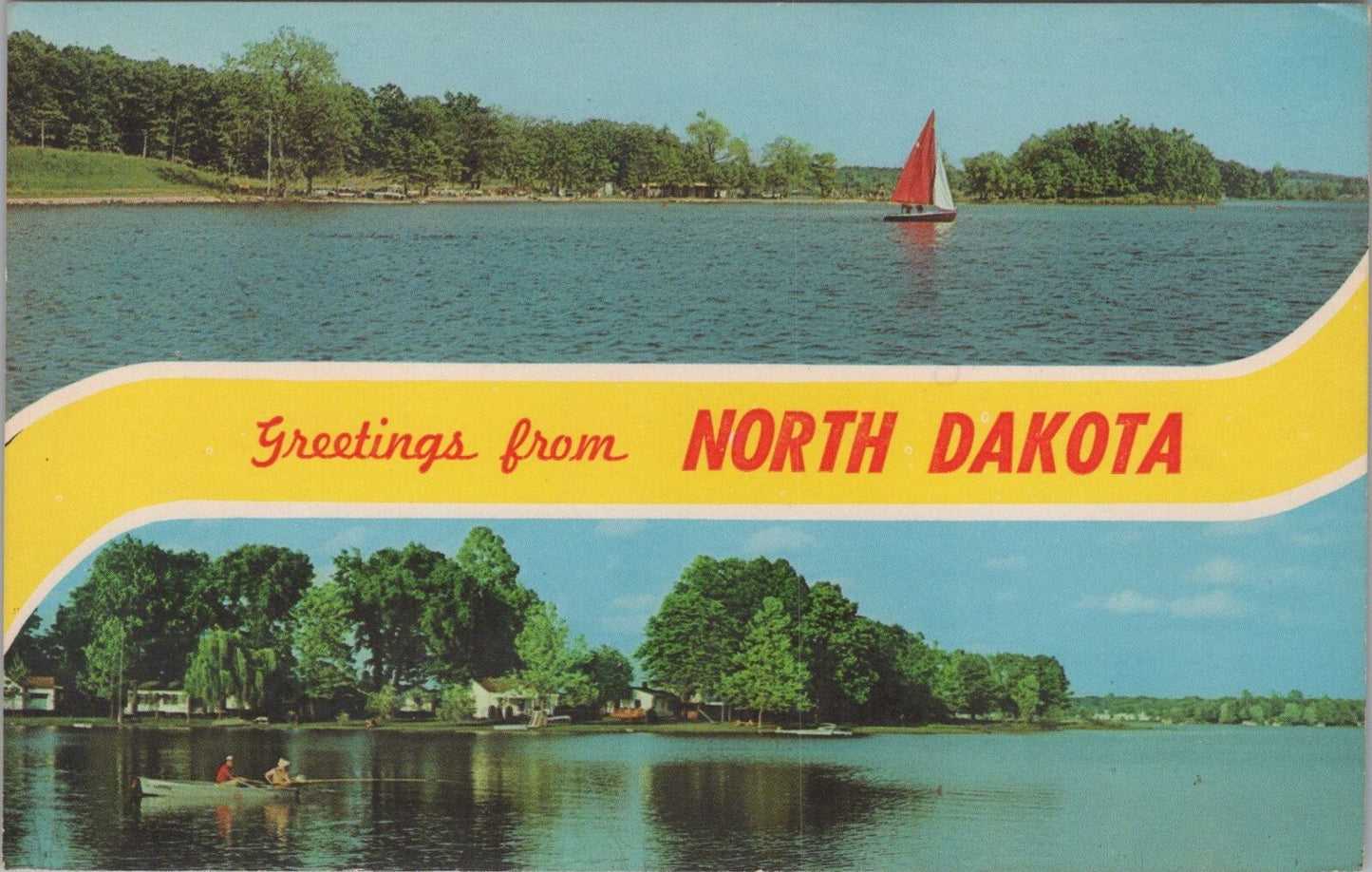 ZAYIX Postcard North Dakota Greetings Lakes Canoes Sailboats Fishing 090222PC53