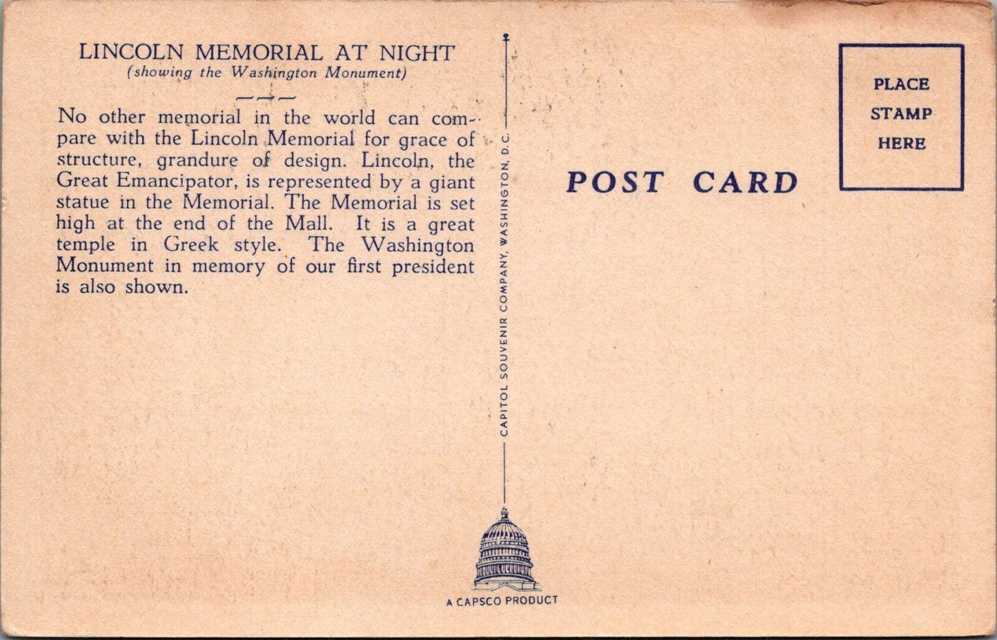 ZAYIX Postcard Lincoln Memorial at Night Washington DC Monument 090222PC20