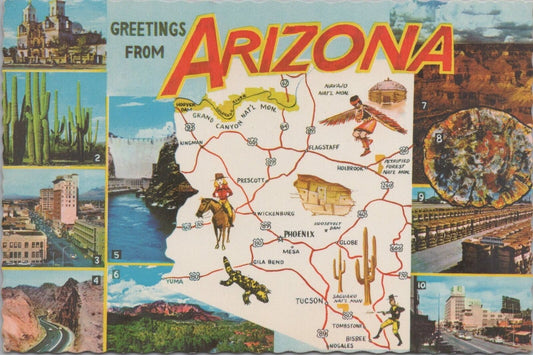 ZAYIX Postcard Arizona Greetings Map Cactus Desert Native Americans 083022PC61