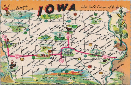 ZAYIX Postcard Iowa Greetings 1981 Tall Corn State Map 083022PC60