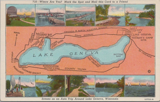 ZAYIX Postcard Auto Trip Around Lake Geneva Wisconsin Ships Sailboats 083022PC52