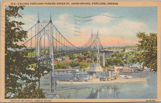 ZAYIX Postcard Cruiser Portland Passing Under St John's Bridge Oregon 083022PC43