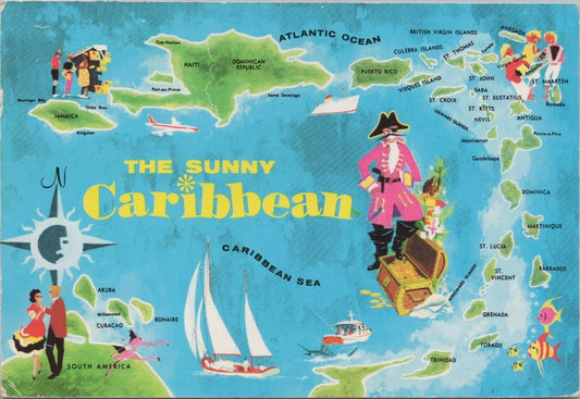 ZAYIX Postcard Sunny Caribbean Maps Pirates Boats Fish Dancing 083022PC50