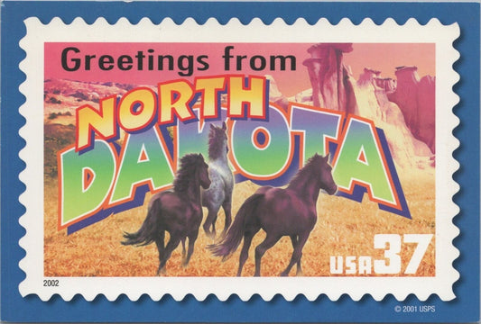 ZAYIX Postcard Greetings from North Dakota 2001 Stamp Horses 083022PC55