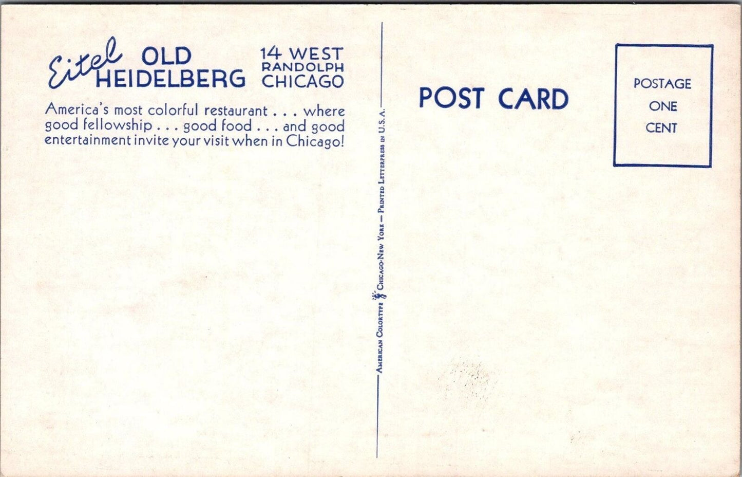 ZAYIX Postcard Eitel Old Heidelberg Restaurant Chicago Illinois 090222PC143