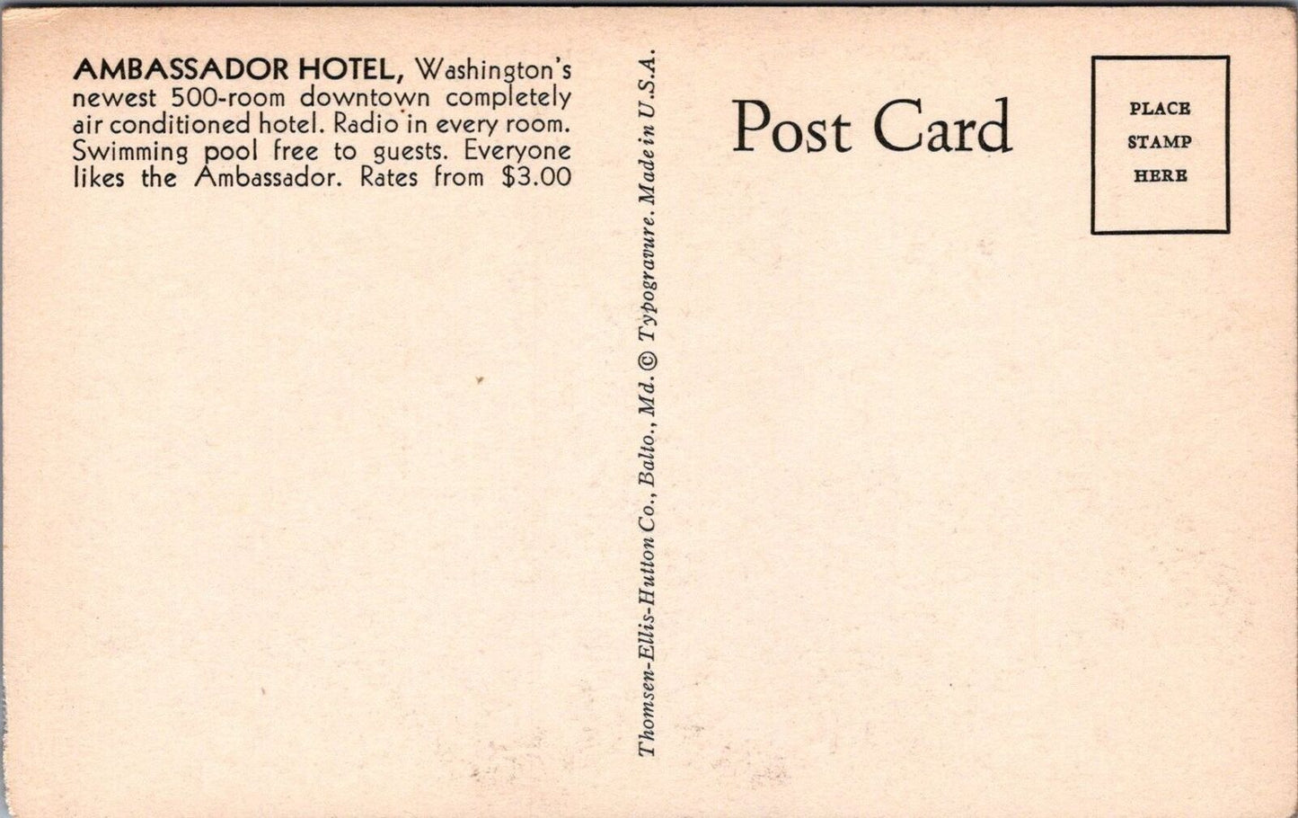 ZAYIX Postcard Ambassador Hotel Washington DC Rates from $3.00 090222PC142