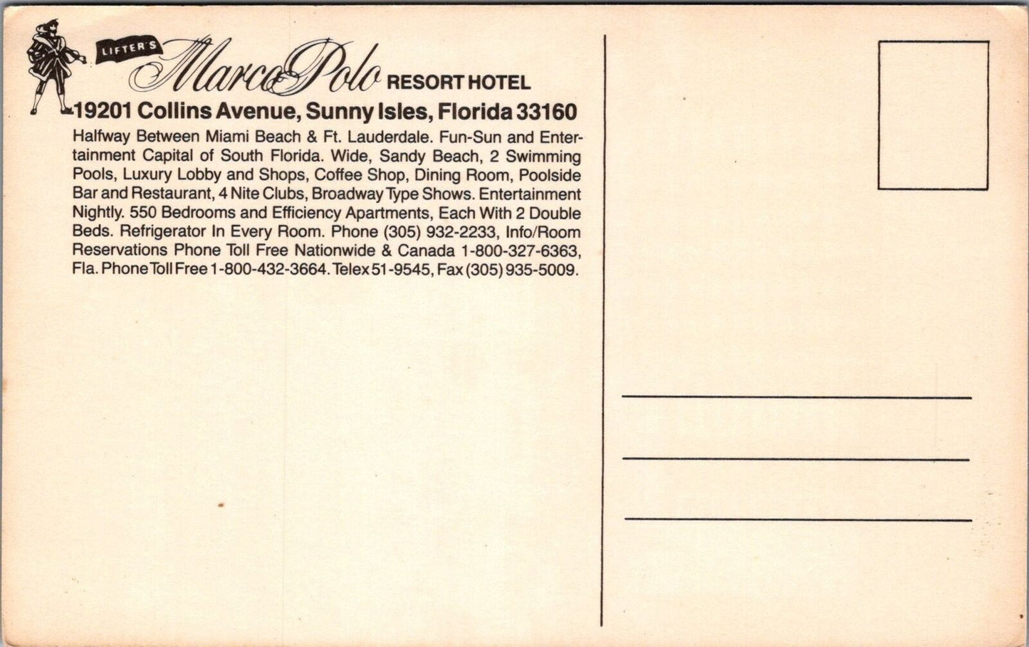 ZAYIX Postcard Marco Polo Resort Hotel Sunny Isles Florida 090222PC149