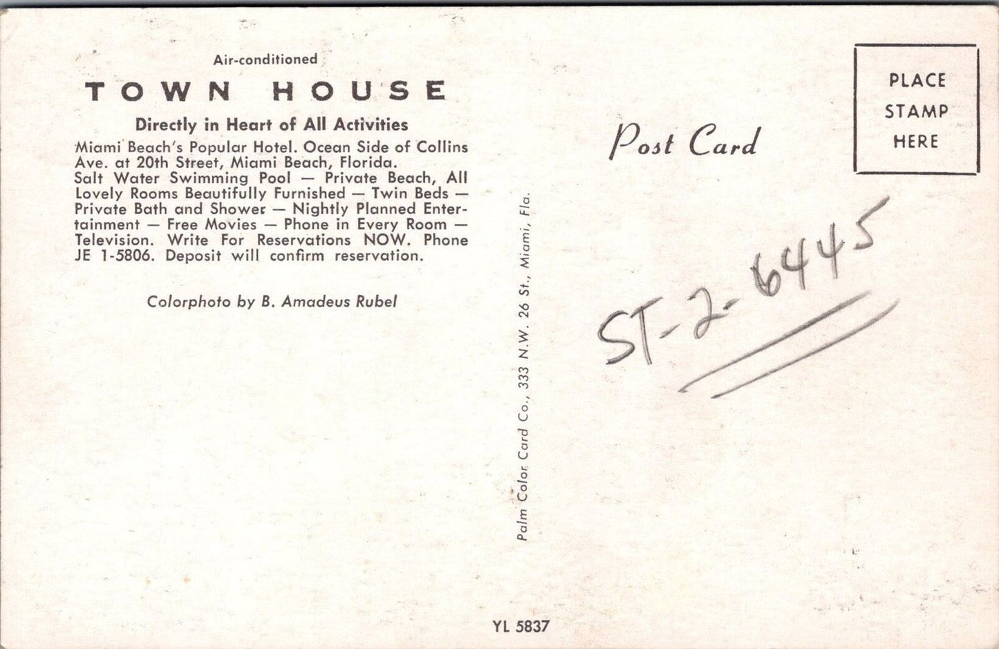 ZAYIX Postcard Town House Hotel Ocean Side beach Miami Florida 090222PC139