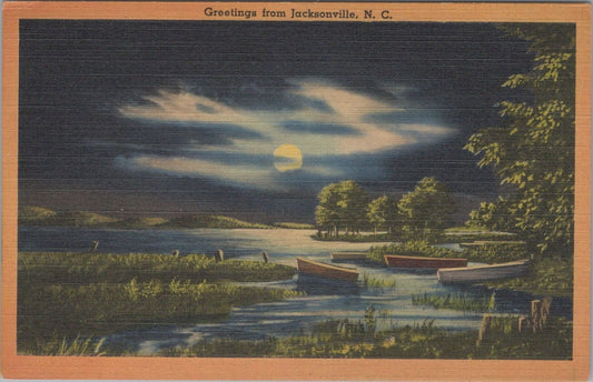 ZAYIX Postcard Rare Greetings from Jacksonville NC Rowboat Moon Linen 102022PC48