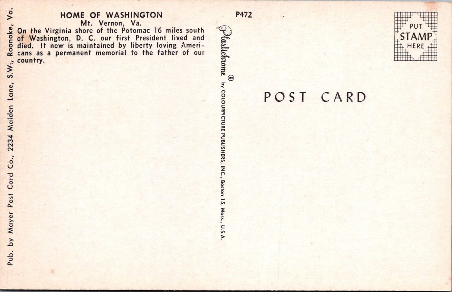 ZAYIX Postcard Home of Washington Mount Vernon, Virginia Mayer PC Co 102022-PC61