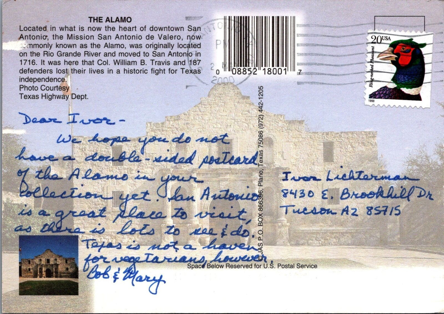 ZAYIX Postcard Alamo San Antonio Texas Historic Landmarks 090222PC64