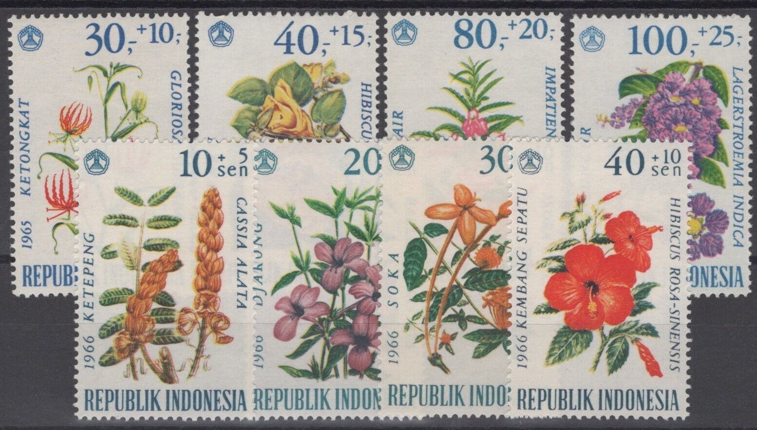 Indonesia B191-B194, B195-B198 MH Semi-Postal Flowers Plants