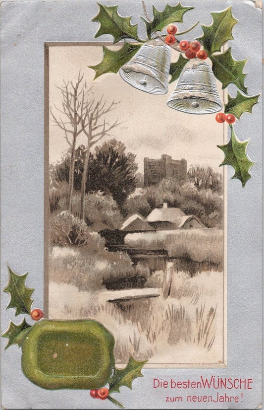 Best Wishes New Year 1908 Embossed Castle, Holly & Bells Winter Austria