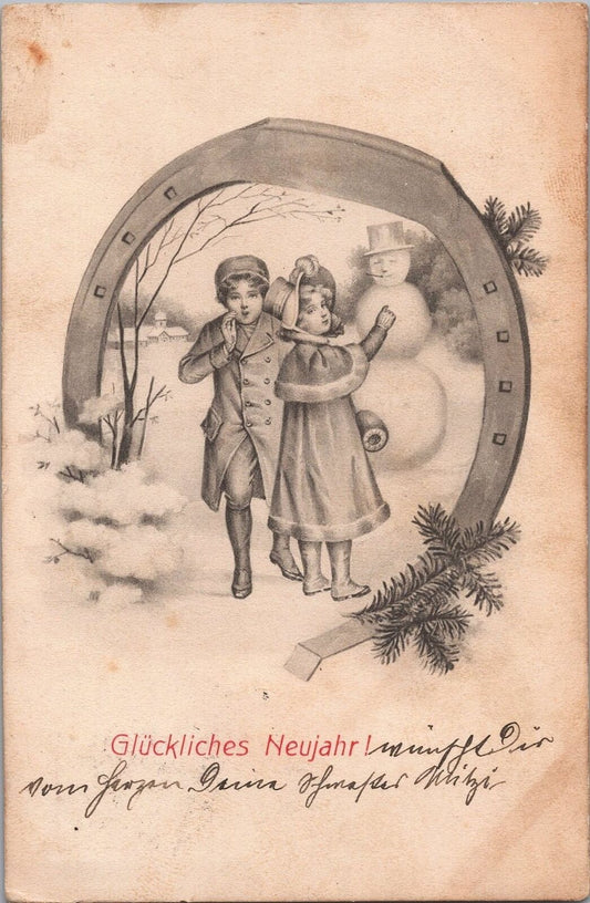 Happy New Year 1908 Austria Children with Snowman Winter Scene Horseshoe