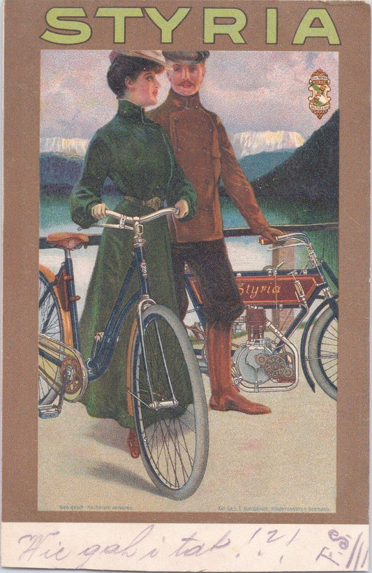 Early Styria Bicycle Advertising Pretty Lady & Uniformed Man c1909 Austria