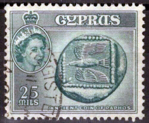 Cyprus 174 used 25pi aqua Coin of Paphos - QE II 020123-S23M