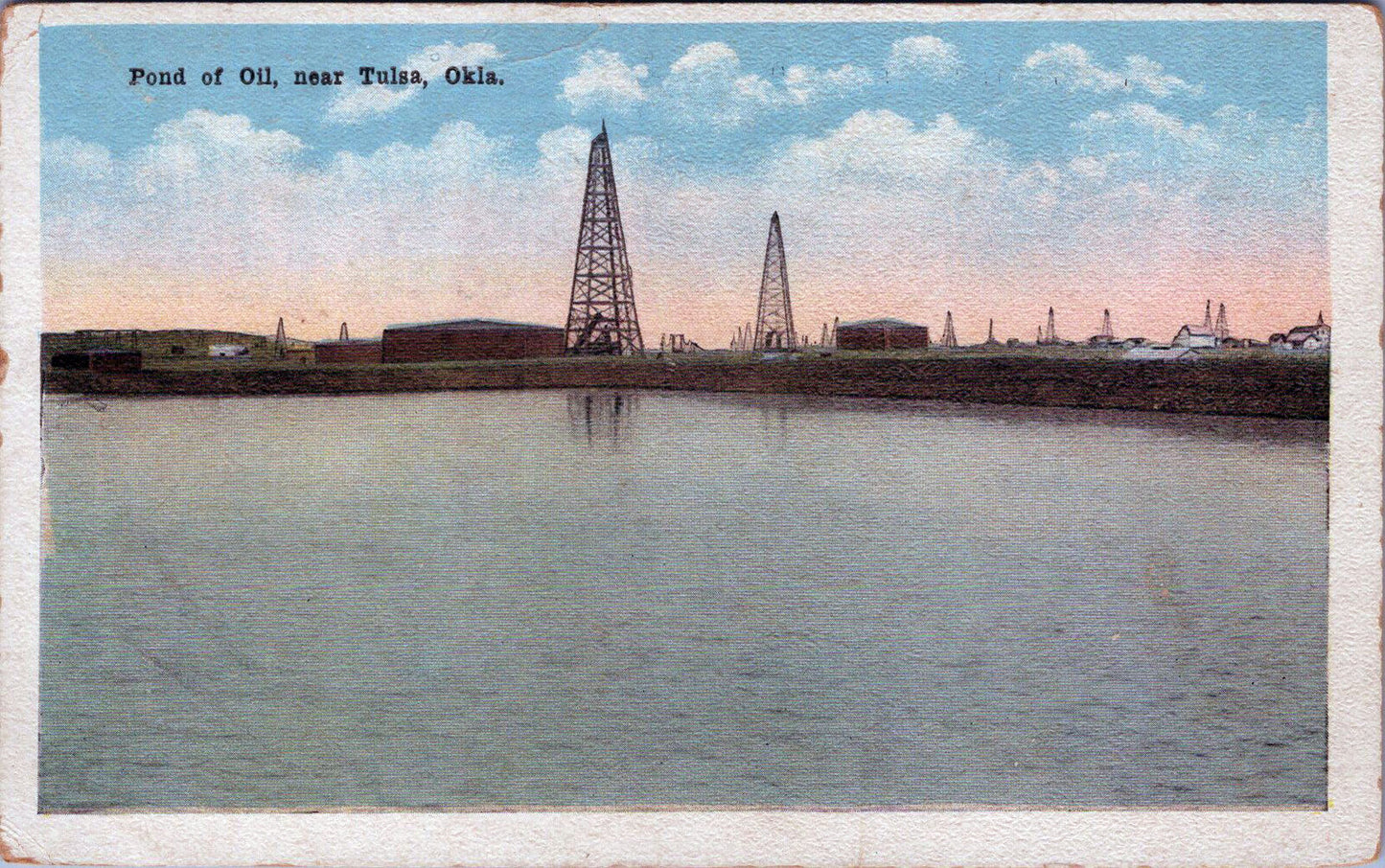 ZAYIX Pond of Oil Near Tulsa Oklahoma Derricks Linen Unposted Vintage Postcard