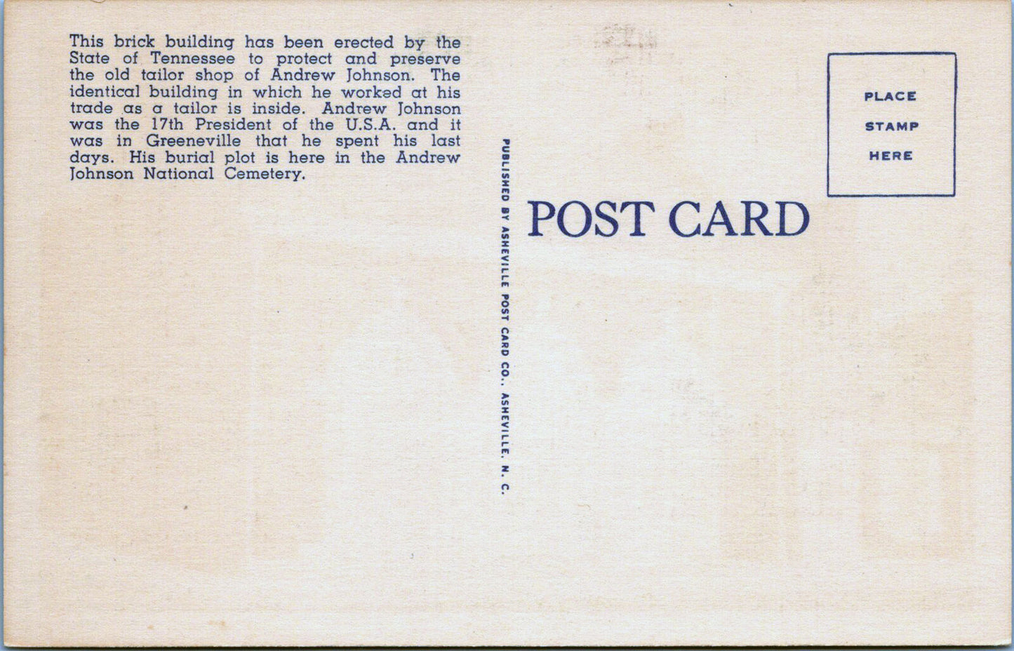 ZAYIX Andrew Johnson Memorial Tailor Shop linen Postcard Greenville, Tennessee
