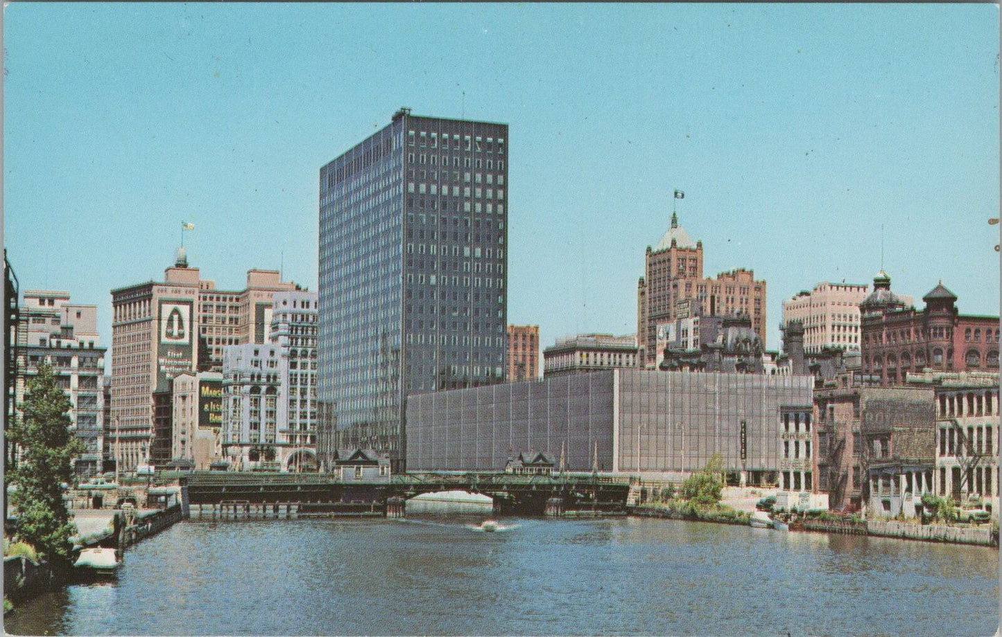 ZAYIX Milwaukee River flanked by Stately Banks & Office Buildings Postcard