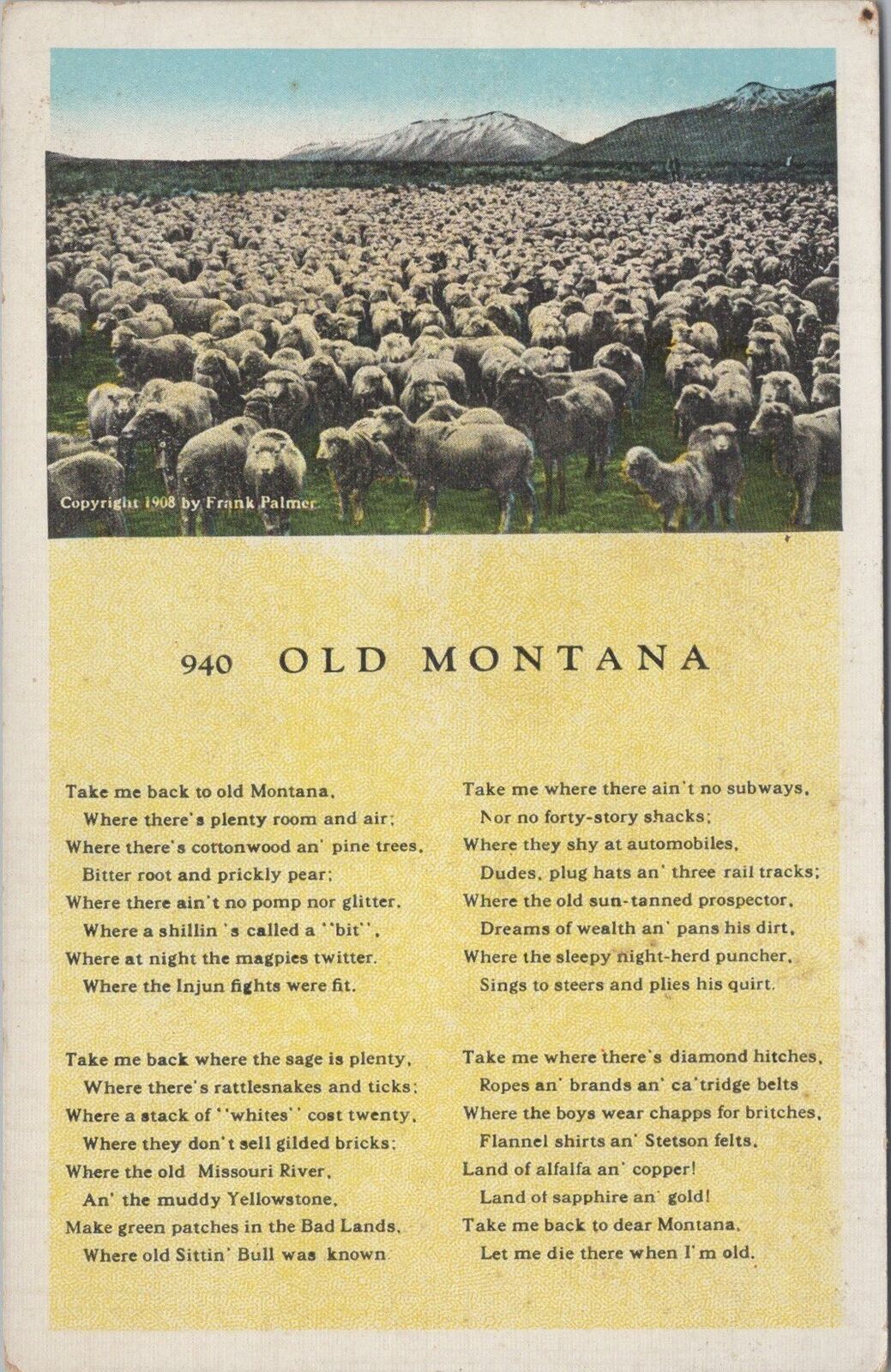 ZAYIX Old Montana Poem Sheep in Mountain Pasture Linen Vintage Postcard