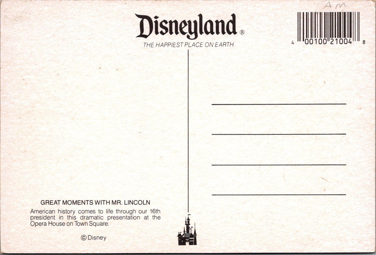 ZAYIX Disneyland Great Moments with Mr. Lincoln Opera House Town Sq Postcard