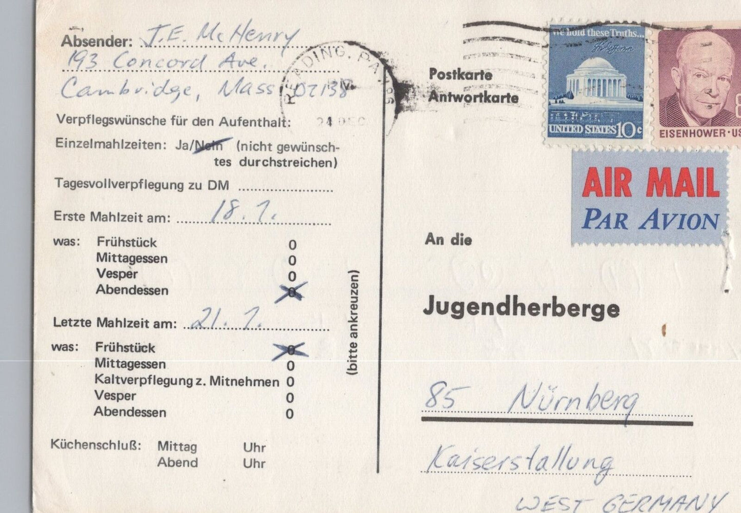 ZAYIX US Air Mail 18c postcard rate Youth Hostel reservation Germany 031923SM99