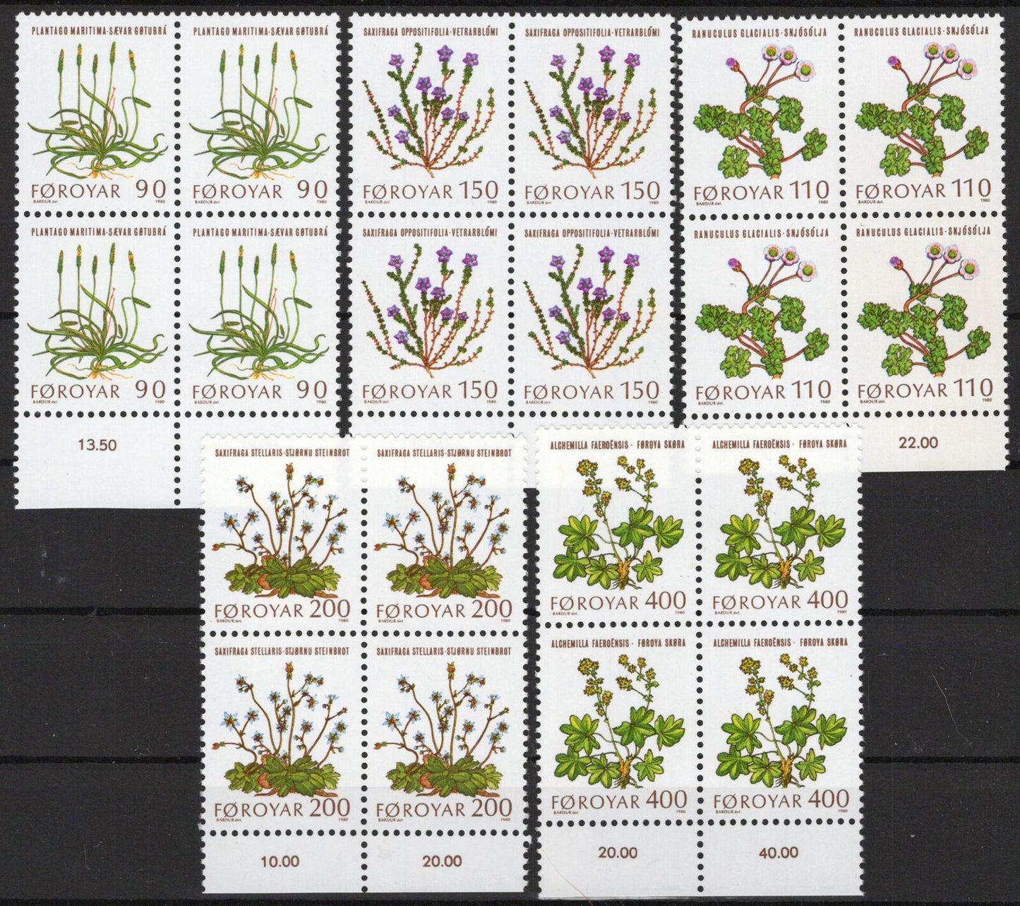 Faroe Islands 48-52 MNH Block Sea Plantain Flowers Plants Nature 051023S91