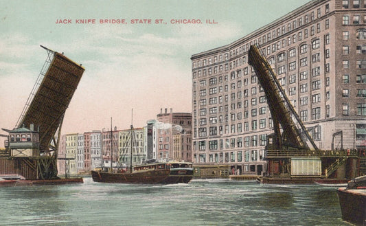 ZAYIX Postcard Great Lakes Ship Jack Knife Bridge State St. Chicago unposted