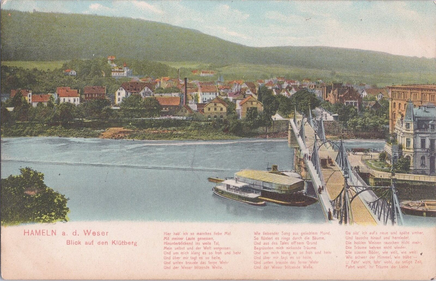 ZAYIX Hameln on the Water, Bridge Ships, Poetry Postcard c1912 Warneson & Sohn