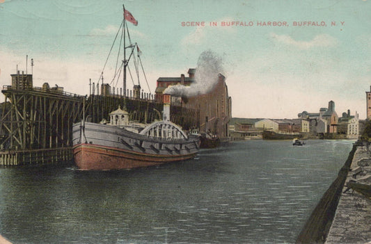 ZAYIX Postcard Great Lakes Steamship Scene in Buffalo Harbor, Buffalo, NY c1907