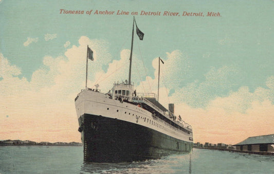 ZAYIX Postcard Great Lakes Steamship SS Tionest of Anchor on Detroit River, 1912