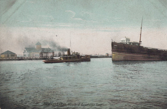 ZAYIX Postcard Great Lakes Ship SS Cambria and Tug, Cuyahoga Harbor, Cleveland